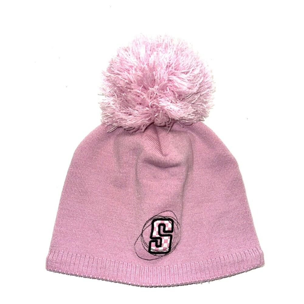 SALOMON Pink winter beanie hat big pom-pom black fleece interior lining